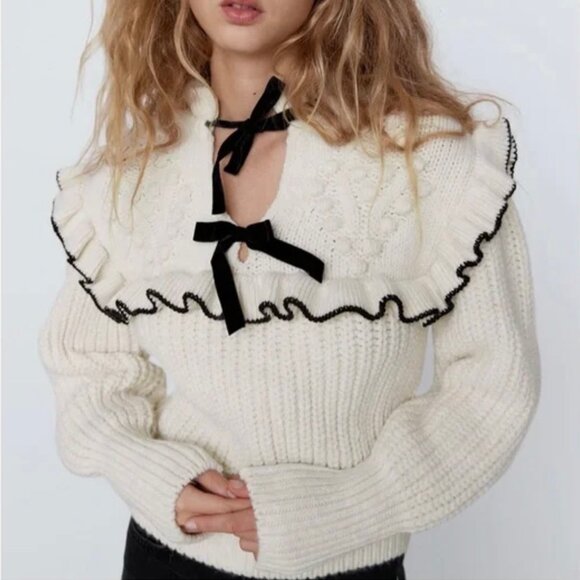 Zara Cozy Ruffle and Bows Sweater in Cream - Picture 3 of 11
